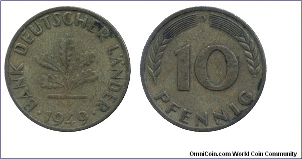 Germany, 10 pfennig, 1949, Brass-Steel, 21.5mm, 4g, MM: D (Munich), Oak, Bank Deutcher Lander.