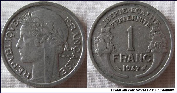 1947 1 franc, VF traces of lustre in legend