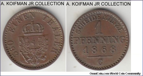 KM-480, 1868 Prussia (German State) pfennig, Cleve mint (C mintmark); copper, plain edge; Wilhelm I, pre-unification coinage, brown uncirculated.