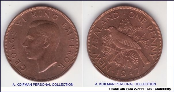 KM-13, 1947 New Zealand penny; bronze, plain edge; nice still reddish uncirculated