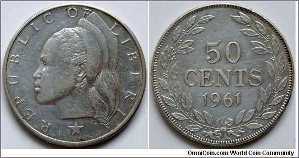 Silver 50 cents from Liberia. Issued in 1961.