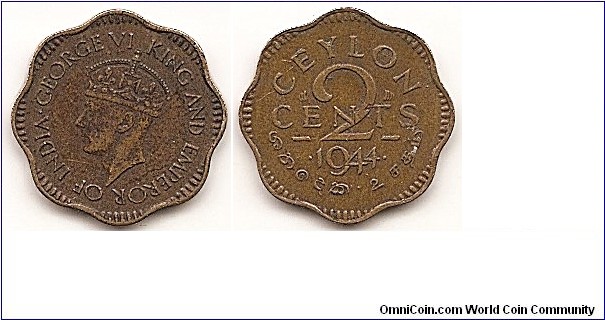 2 Cents CEYLON
KM#117
2.5400 g., Nickel-Brass, 18 mm. Ruler: George VI Obv: Crowned head left Rev: Denomination above date