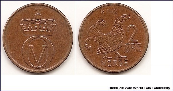 2 Ore
KM#410
4.0000 g., Bronze, 21 mm. Ruler: Olav V Obv: Crowned monogram Rev: Moor hen and value, large lettering