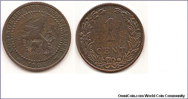 1 Cent
KM#132.1
2.5000 g., Bronze, 19 mm. Ruler: Wilhelmina I Obv: Crowned arms with 15 medium shields within beaded circle Obv. Leg.: KONINGRIJK DER NEDERLANDEN Rev: Value within wreath Edge: Reeded