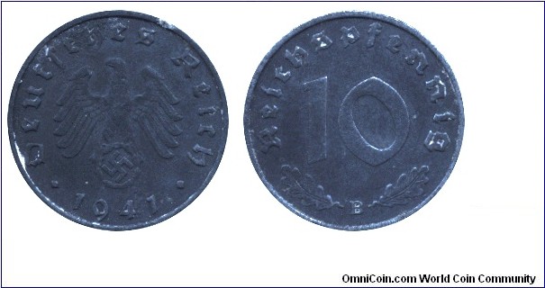 Third Empire, 10 pfennig, 1941, Zn, 21mm, 3.52g, MM: B (Vienna), Eagle sitting on Swastika.