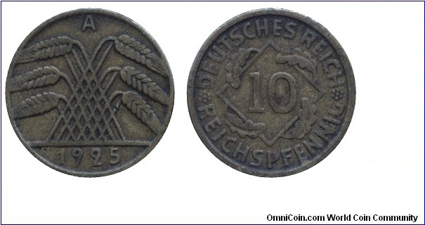 Weimar Republic, 10 Reichspfennig, 1925, Al-Bronze, 21mm, 3.9g, MM: A (Berlin).