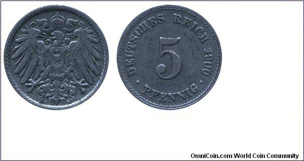 German Empire, 5 pfennig, 1900, Cu-Ni, 18mm, 2.49g, MM: A (Berlin), Imperial Eagle.