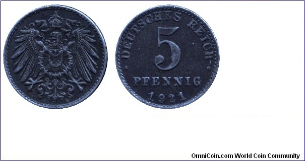 Weimar Republic, WWI issue, 5 pfennig, 1921, Zn-Fe, 17.5mm, 2.5g, MM: A (Berlin), Imperial Eagle.