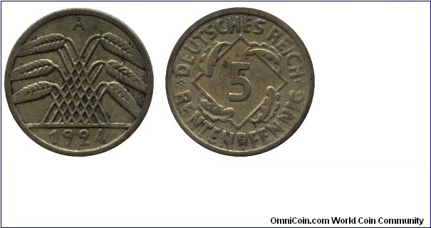 Weimar Republic, 5 rentenpfennig, 1924, Al-Bronze, 18mm, 2.52g, MM: A (Berlin).