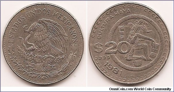 20 Pesos
KM#486
Copper-Nickel, 32 mm. Obv: National arms, eagle left Rev: Figure with headdress facing left within circle