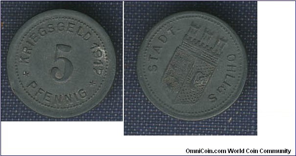 Ohligs, (City) 5 pfennig rotated reverse 40 degrees 
