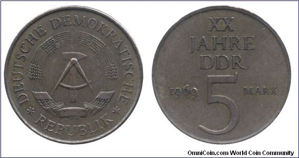 German Democratic Republic, 5 mark, 1969, Ni-Bronze, 29mm, 20th Anniversary of GDR.
