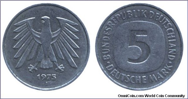 Germany, 5 mark, 1975, Cu-Ni, 29mm, 10g, MM: J (Hamburg), Eagle.