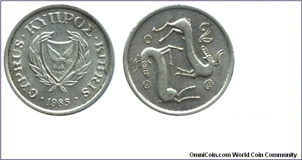 Cyprus, 2 cents, 1985, Ni-Brass, Stylized goats.