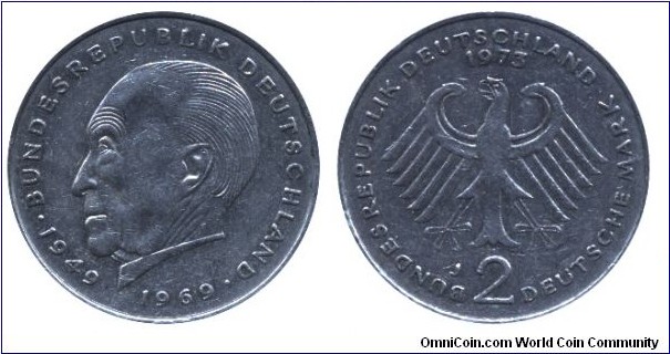 Germany, 2 mark, 1973, Cu-Ni, 26.75mm, 7g, MM: J (Hamburg), 1949-1969, Konrad Adenauer.