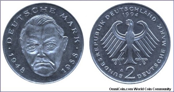 Germany, 2 mark, 1994, Cu-Ni, 26.75mm, 7g, MM: A (Berlin), 1948-1988, Ludwig Erhard.