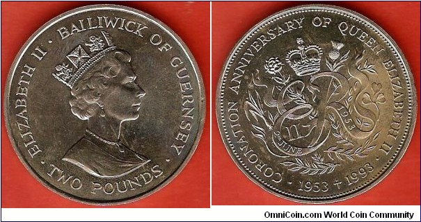 2 pounds
Coronation Anniversary of Queen Elizabeth II 1953-1993
Crowned EIIR - monogram with rose, thistle, clover and leek
copper-nickel