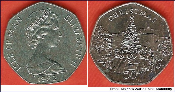 50 Pence
Christmas 1982
Elizabeth II by Arnold Machin
Carolers around Christmas tree
copper-nickel