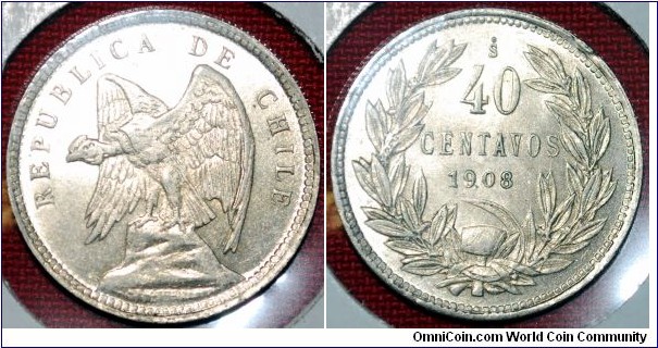 40 centavos.  Overdate, 1908/6
KM 163