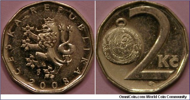 2 korun,featuring a Great Moravian button-jewel, lightly faceted 11 sides, 21 mm, Ni plated steel (ref, http://en.wikipedia.org/wiki/Coins_of_the_Czech_koruna)