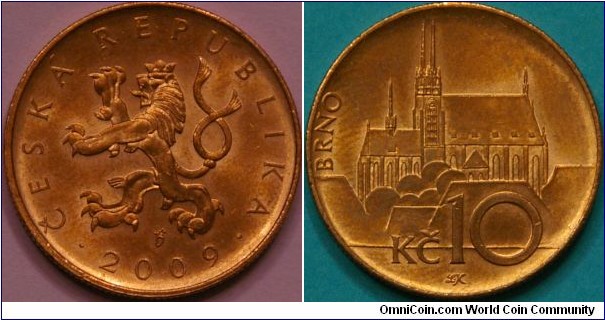 10 korun, featuring, Cathedral of St. Peter and Paul in Brno (rev) and silver double-tailed lion (obv), 24 mm, Cu plated steel