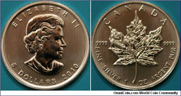 5 dollars, beautiful image of the maple leaf on the rev, silver bullion coin