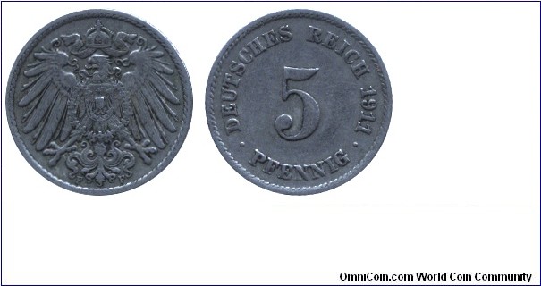 German Empire, 5 pfennig, 1911, Cu-Ni, 18mm, 2.49g, MM: F (Stuttgart), Imperial Eagle.