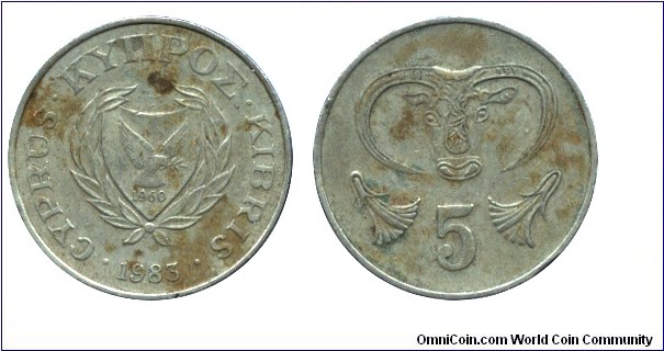 Cyprus, 5 cents, 1983, Ni-Brass, 22mm, 3.75g, Head of Bull.