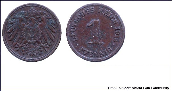 German Empire, 1 pfennig, 1912, Cu, 17.5mm, 2g, MM: D (Munich), Imperial Eagle.
