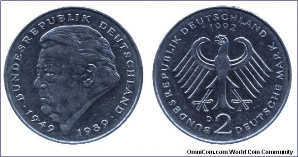 Germany, 2 mark, 1992, Cu-Ni, 26.75mm, 7g, MM: D (Munich), 1949-1989, Franz Joseph Strauss.