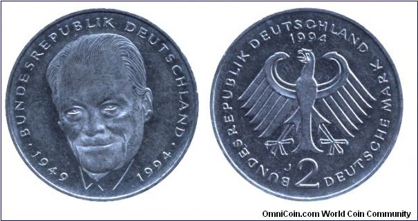 Germany, 2 mark, 1994, Cu-Ni, 26.75mm, 7g, MM: J (Hamburg), 1949-1994 Willy Brandt.