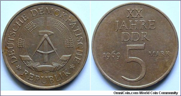 5 mark.
1969, East Germany - 20 years of German Democratic Republic.