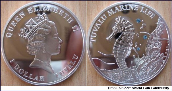 1 Dollar - Sea horse - 25 g Ag .925 silver Proof (with 3 Swarovski crystals) - mintage 2,500