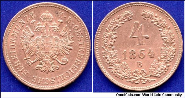 4 kreuzer.
Austrian Empire.
Franc Ioseph I (1848-1916).
*B* Kremnitz mint.
Mintage 6,800,000 units.


Cu.