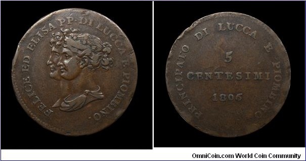 Principality of Lucca and Piombino - Elisa Bonaparte & Felice Baciocchi - 5 Cent. - Copper mm. 28