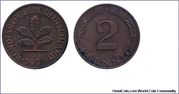 Germany, 2 pfennig, 1979, Bronze-Steel, 19.25mm, 2.9g, MM: F (Stuttgart), Oak twig.