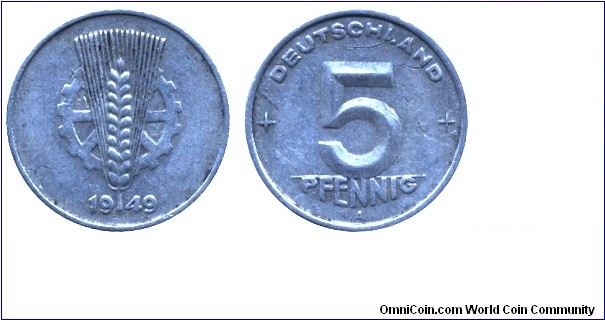 German Democratic Republic, 5 pfennig, 1949, Al, 19mm, 1.1g, MM: A (Berlin).