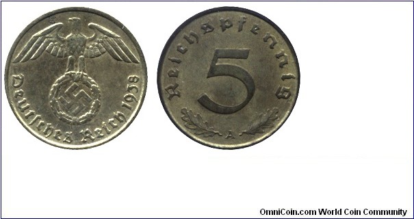 Third Empire, 5 pfennig, 1938, Al-Bronze, 18mm, 2.5g, Imperial Eagle above Swastika.