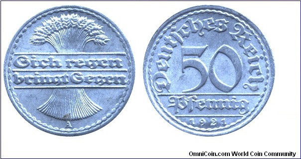 Weimar Republic, 50 pfennig, 1921, Al, 23mm, MM: A (Berlin).