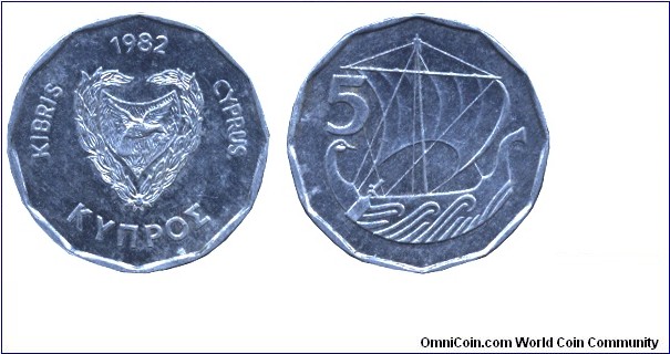 Cyprus, 5 mils, 1982, Al, 20mm, 1.2g, galleon, large date and Coat of Arms.