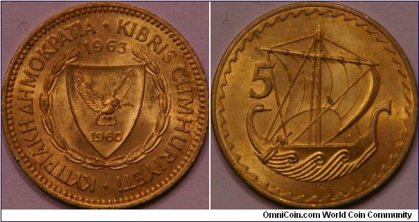 5 Mils, featuring coat of arms of then newly independent country, and  Kyrenia ship(?), 26 mm