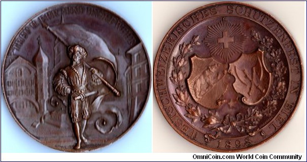 Bronze shooting medal by Homberg minted for the festival at Biel in 1893. 800 minted in bronze
