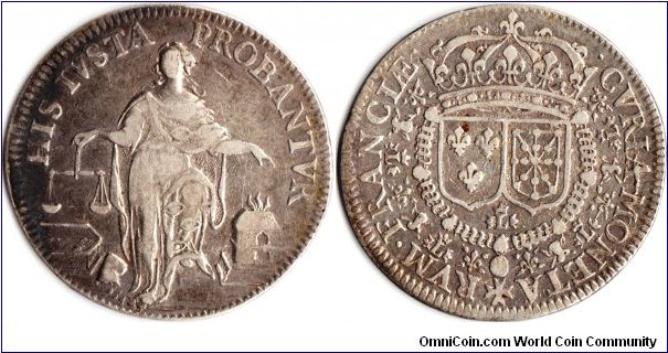 Silver jeton issued for the Chambre des Monnaies during the latter part of the reign of Louis XIII (circa 1640-41).
