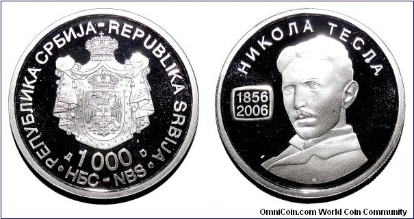 SERBIA (REPUBLIC)~1,000 Dinara 2006. Silver proof: 150th Birthday of Nikola Tesla.