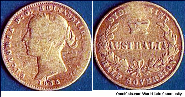 Australia 1865 1/2 Sovereign.

A pretty scarce coin!

Only 62,000 were struck.

Sydney Mint.

Key date.