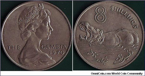 The Gambia 1970 8 Shillings.

This scarce coin is the final coin for the Dominion of The Gambia (1965-70).