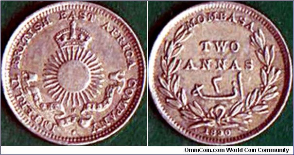 Mombasa 1890 H 2 Annas.

A very scarce coin!