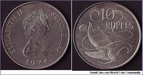 Seychelles 1974 10 Rupees.

A scarce coin.
