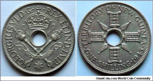 1 shilling.
1945, Territory of New Guinea. King George VI.
Ag 925.