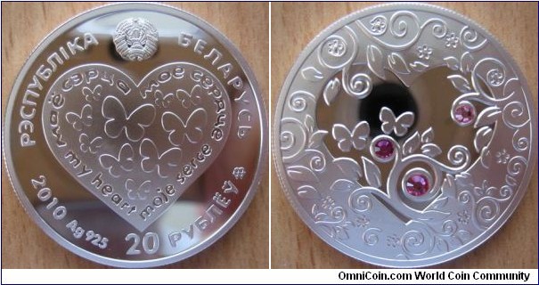 20 Rubles - My heart - 28.28 g Ag .925 Proof (with 3 Swarovski crystals) - mintage 10,000